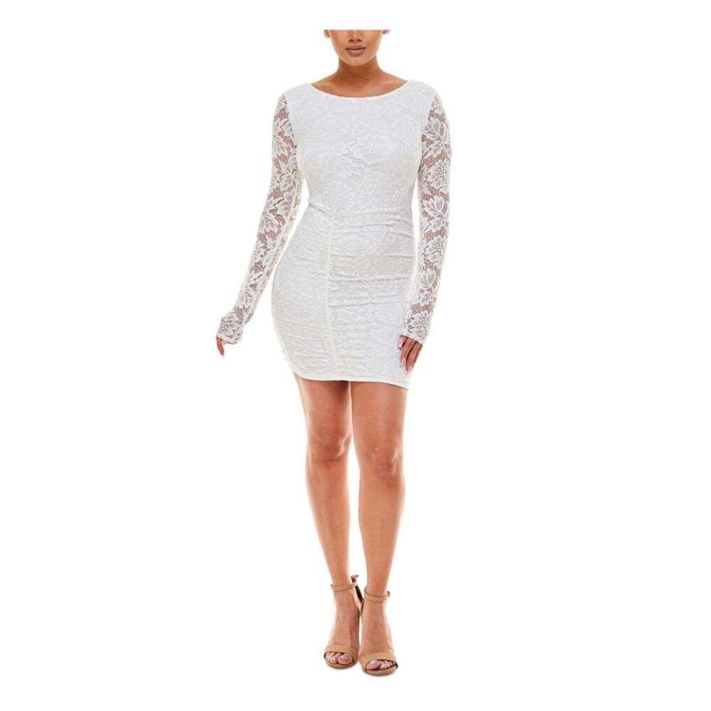 EMERALD SUNDAE Womens Mini Dress Ivory Long Sleeve Open-back Shirred Juniors XL